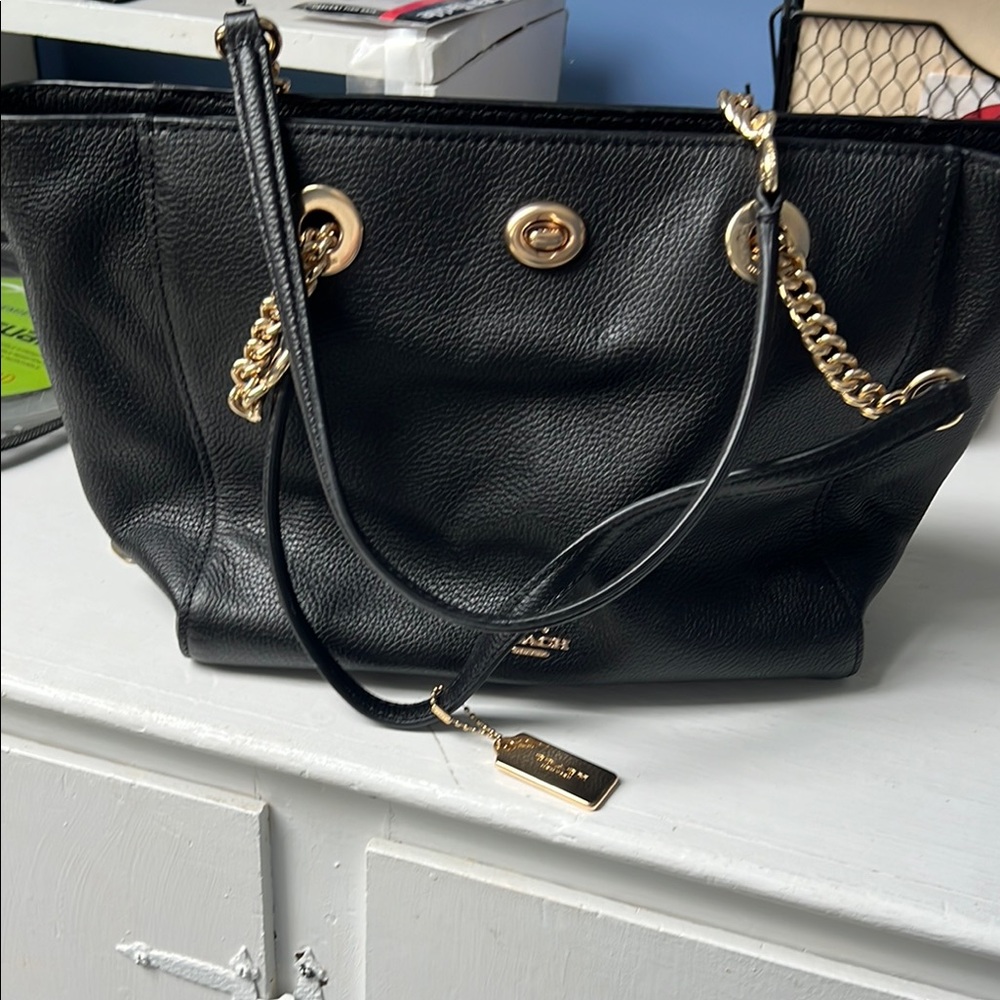 Coach Black and Gold Shoulder Bag with Chain Strap